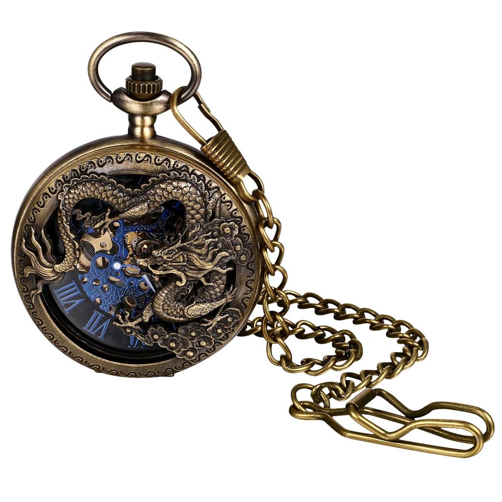 Pocket Watch Automatic Winding Mechanical Dragon Roman Alphabet Analog Display Skeleton Waterproof Retro Antique Pendant Watch Pocket Watch with Chain