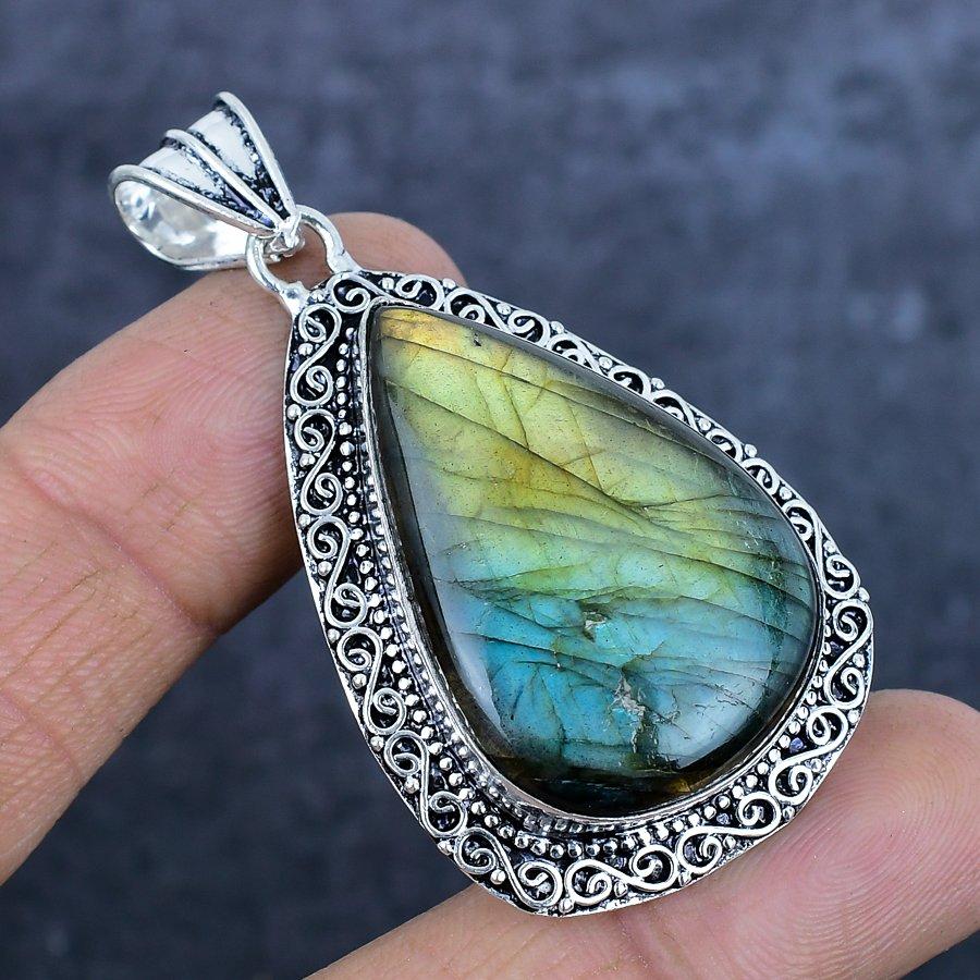 Natural Labradorite Gemstone 925 Sterling Silver Jewelry Pendant 2.36" I1R15