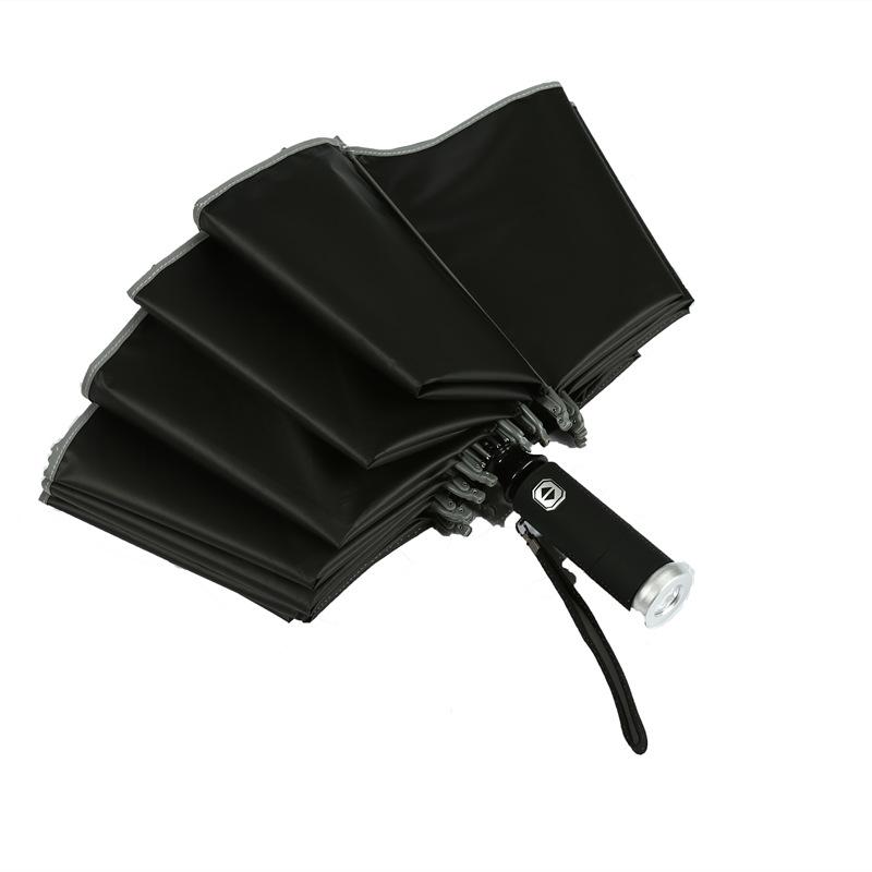 Customized 11-bone Vinyl Car Rain and Sun Protection Umbrella Reflective Led Flashlight Lighting Three-fold Automatic Folding Reverse Umbrella
