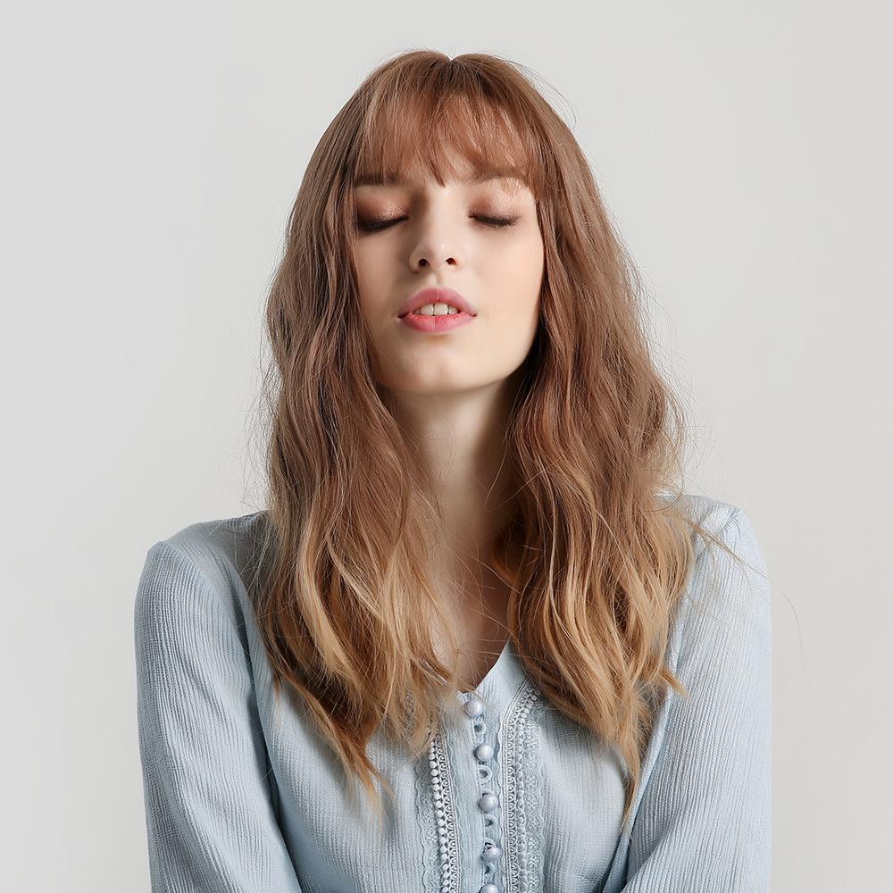

Европейский и американский женский парик с градиентом, коричневый, золотой, прямая челка, длинная вьющаяся шапочка для волос