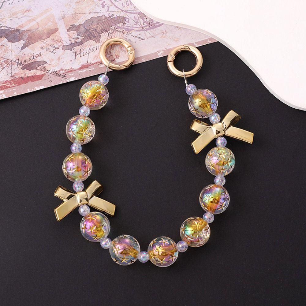 Fashion Acrylic Starry Beaded Chain Keyring Gradient Colorful Bowknot Pendant Detachable Phone Lanyard Bag Accessories