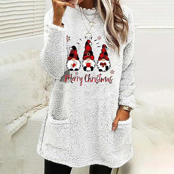 Women's Christmas Letter Print Round Neck Loose Long Sleeve Plush Hoodie