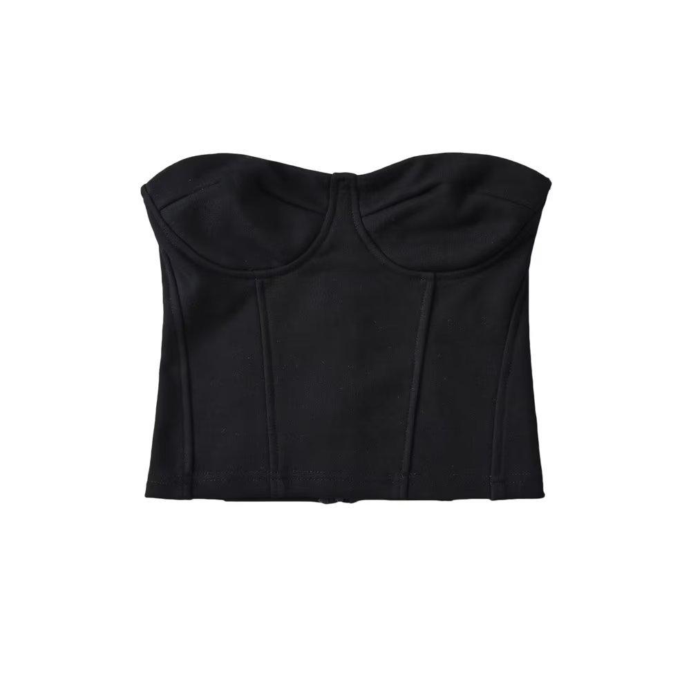 YPFF Trendy Women's Waist-Cinching Crop Top with Slimming Fishbone Waistband and Zipper Bandeau Design