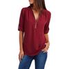 Plus Size Women Solid Color Loose Zipper V Neck Long Sleeve Chiffon Blouse Shirt