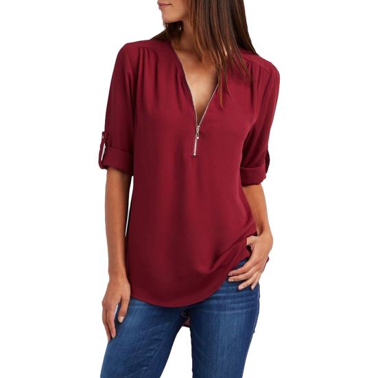 Plus Size Women Solid Color Loose Zipper V Neck Long Sleeve Chiffon Blouse Shirt