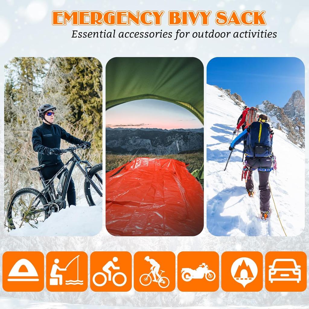 4-teiliger Notfallschlafsack, Nylontasche mit Überlebenspfeife + Notfalldecke + Karabiner, Outdoor, Wander- & Campingausrüstung