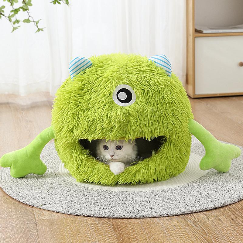 

Monster Pet Bed Winter Warm Cat Kennel Removable And Washable Semi-Closed Cat Litter Pad Cartoon Plush Pet House
