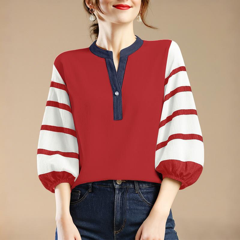 ZANZEA Damen Lässige V-Ausschnitt Streifen Patchwork 3/4 Ärmel Bluse