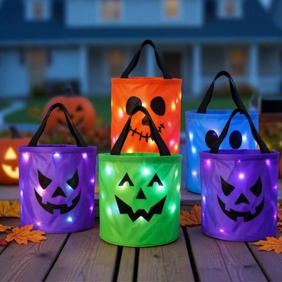 Reusable Holiday Party Favor Bags Halloween Glowing Pumpkin Candy Bag LED Light up Trick or Treat Bucket Lighted Buckets for Kids Waterproof