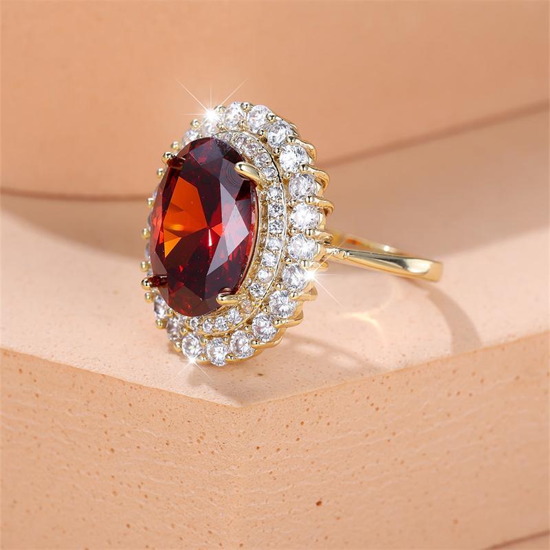 Damen Luxus Großer Roter Stein Oval Eheringe Antik Goldfarbe Vintage Zirkon Verstellbar Verlobung Cocktailring Schmuck CZ