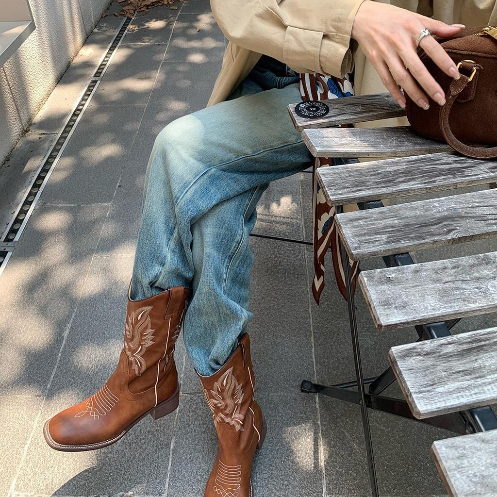 Cowhide~ Grape Ma Same Retro Embroidered Western Cowboy Boots Women's Square Head V-mouth Boots Thick Heel Medium Tube Knight Boots