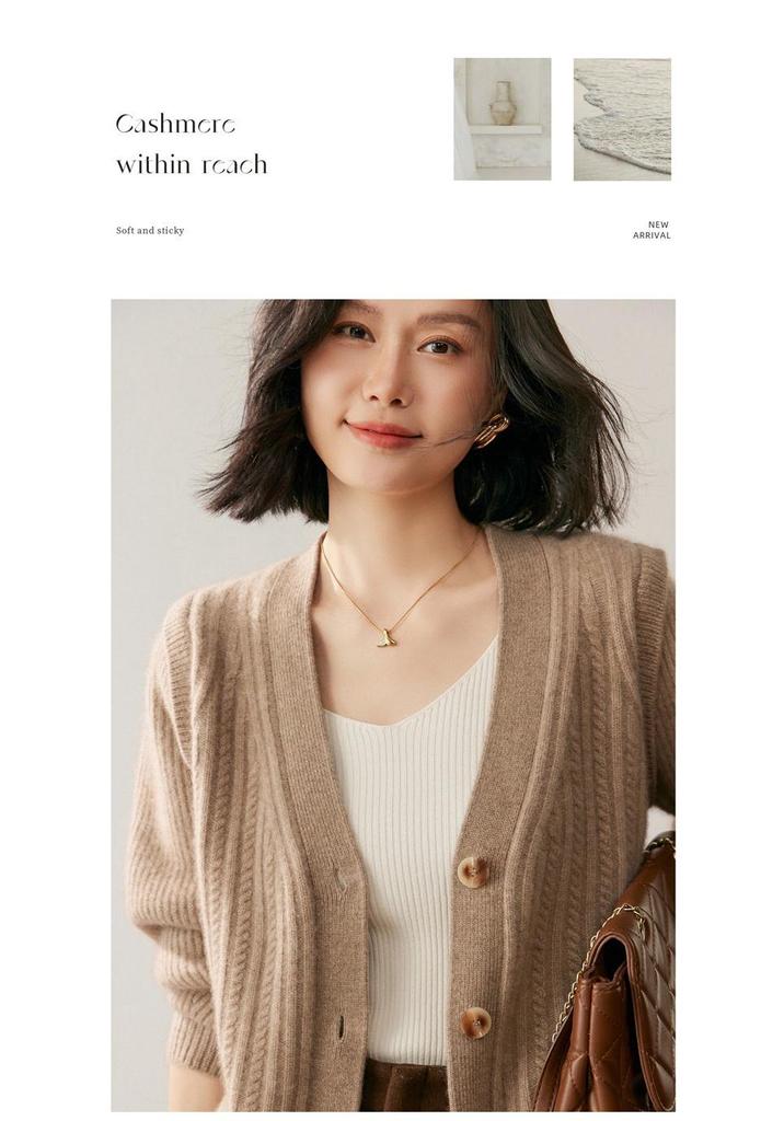 Women's V-Neck Cashmere Cardigan - 2025 Fall/Winter: Ribbed, Gentle, Slimming, Loose-Fit Short Jacket