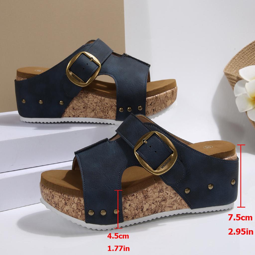Foreign Trade Large Size Thick Bottom Slope Heel Single Buckle Slippers Summer New Buckle with Beach Open Toe Women's Cool Slippers