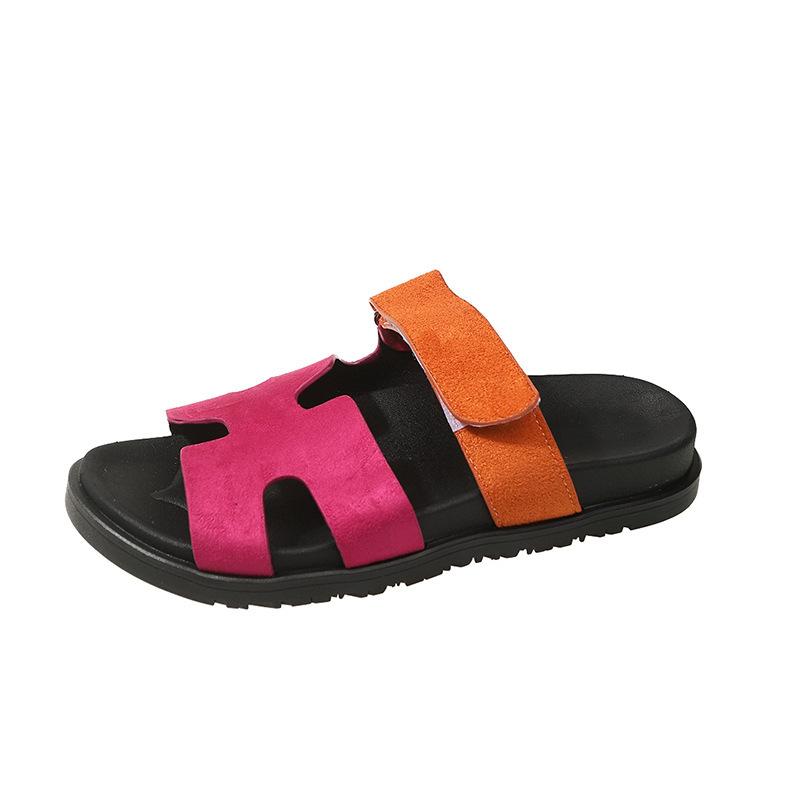 Classic large size slippers women's one-word color matching casual versatile thick-bottomed Velcro fashion beach cool slippers