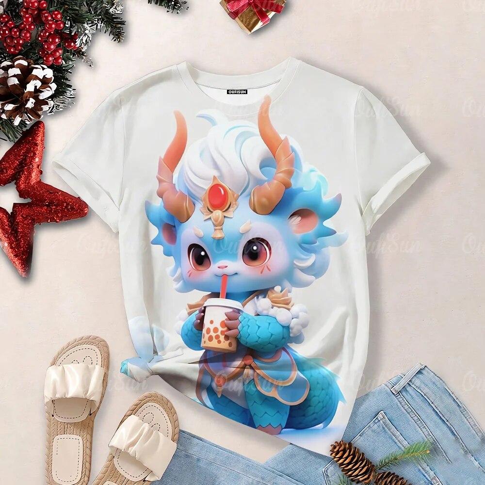 Women's Cartoon Dragon T-Shirt Fashion 3d T Shirt Fashion Near Short-Sleeved Oversized Streetwear Tees Casual Woman Tops