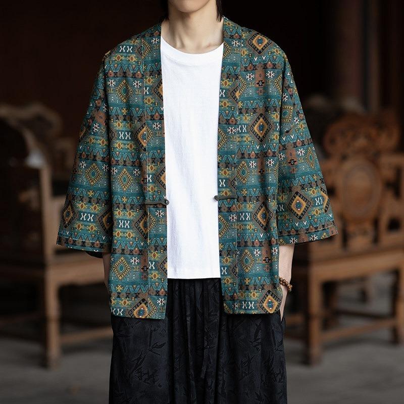 Men Plus Size Loose Retro Chinese Style Ethnic Hanfu Open Cardigan Robe Coat
