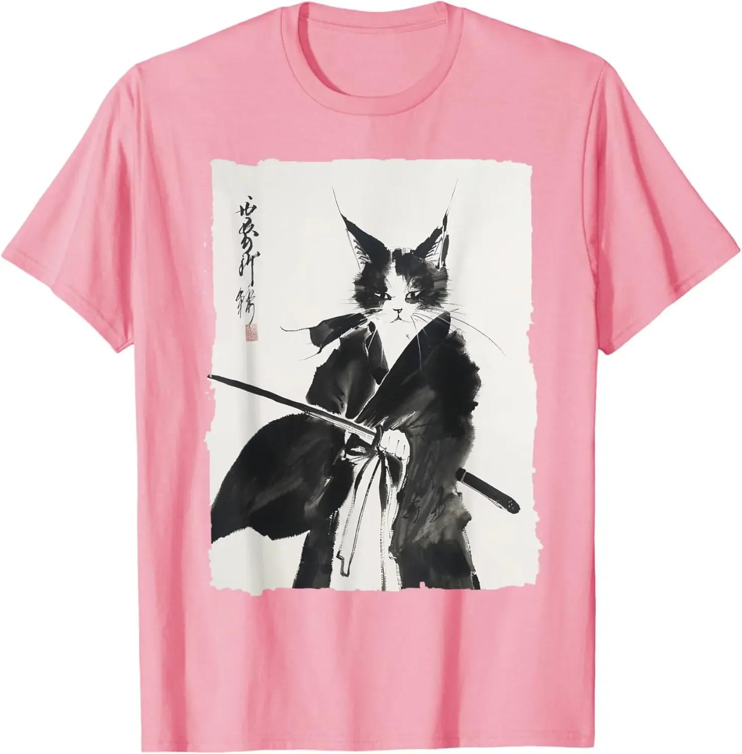

2025 Men s Samurai Cat Art Pattern Harajuku Print 100% Pure Cotton short-sleeved T-shirt Y2k Comfortable Loose top 4XL