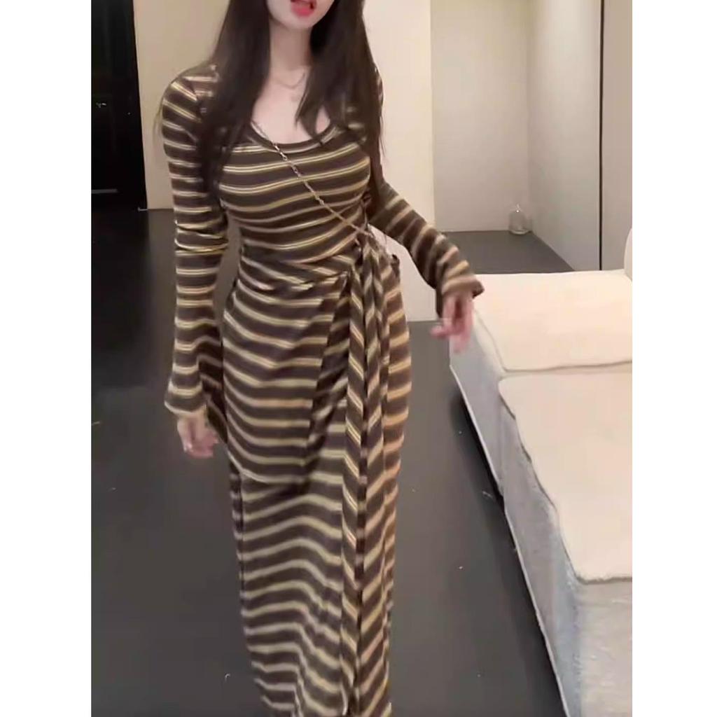 Women's Autumn Retro Stripe Long Sleeve Dress with Shawl - Elegant Waist-Cinched Skirt Set