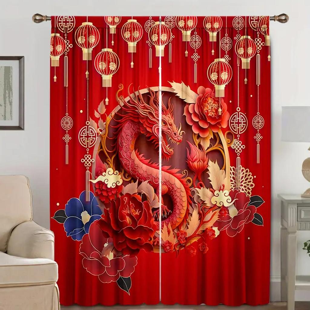 2 PCS Chinese Happy New Year Dragon Pirnt Curtains, 3D Print Window Curtains for Living Room Bedroom Red and Gold Free Shipping