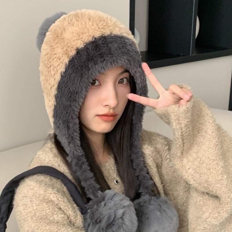 Bear plush hat women's winter splicing knitted wool hat outdoor riding ear protection bag head thermal hat