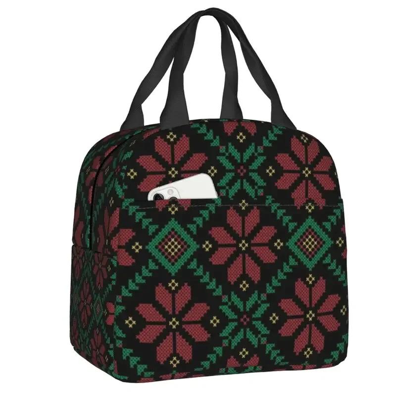 Embroidery Traditional Folk Art Insulated Lunch Bag Tatreez Cross Portable Thermal Cooler Lunch Box