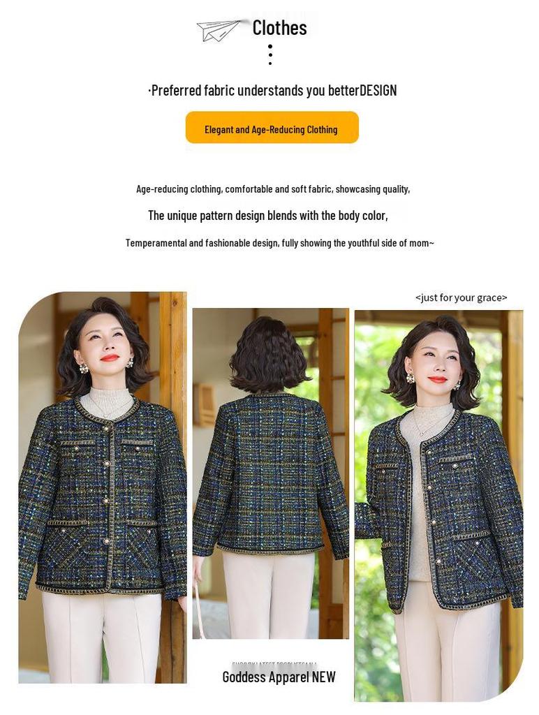Korean Style Elegant Round Neck Color Block Coat for Women’s Autumn/Winter - Small Fragrance Style for Middle-Aged and Elderly Ladies.