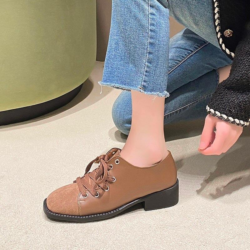Fashion Autumn New Coarse Heel Shoes Women's Fashion Square Head Suede Front Lace-up Anti-slip Wear-resistant Low-top Shoes