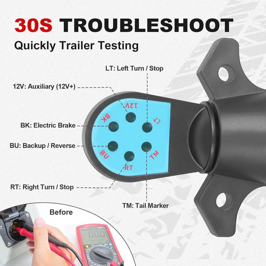 7 Pin Trailer Plug Tester, 7 Way Wiring Tester For RV, Round Trailer Light Tester For Truck, Pickup, Towing, Tow Wire Brake Blade 12V Connector