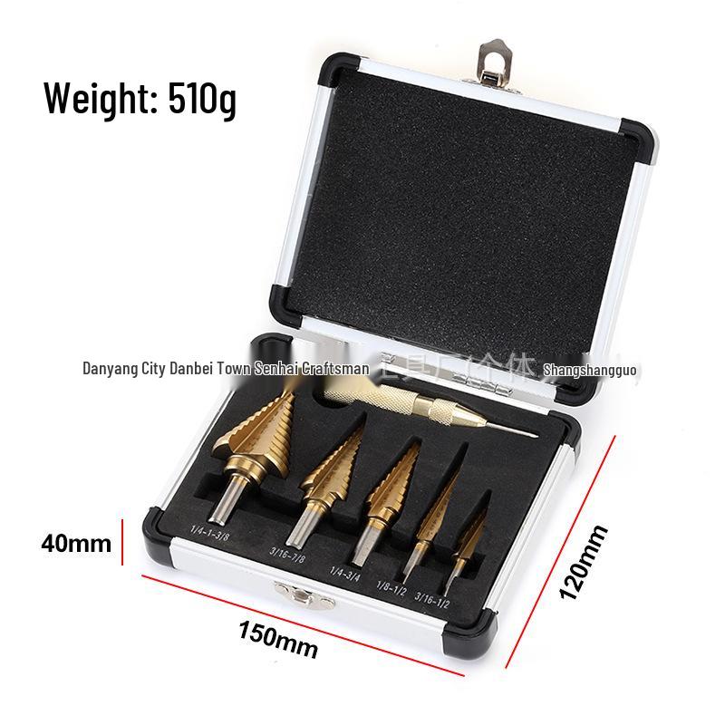 5pc Black & Gold Step Drill Bit Set with Imperial Size Triangle Shank In Aluminum Box