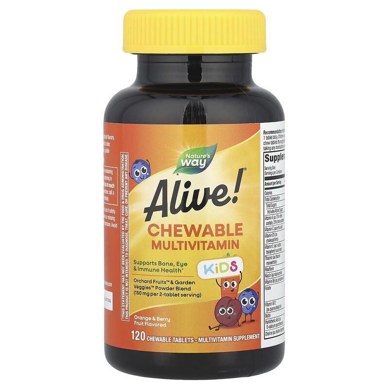 Alive!® Kids, Chewable Multivitamin, Ages 2+, Orange & Berry Fruit, 120 Chewable Tablets