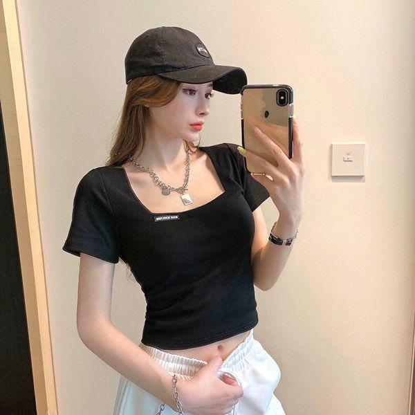 Vintage French square collar short high-waisted open-button short-sleeved t-shirt women's slim-fit summer bottoming shirt top tide