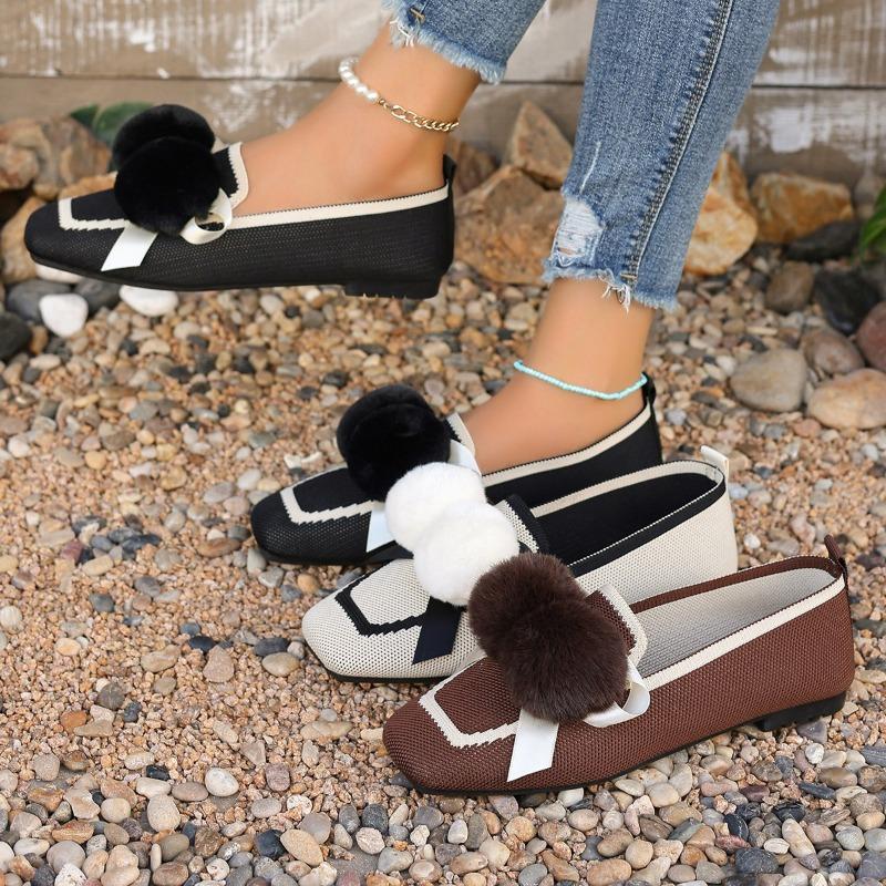 Autumn New Flat Shoes Women's Square Head Shallow Mouth Mesh Cloth Breathable Butterfly Knot Soft Sole Non-slip Single Shoes