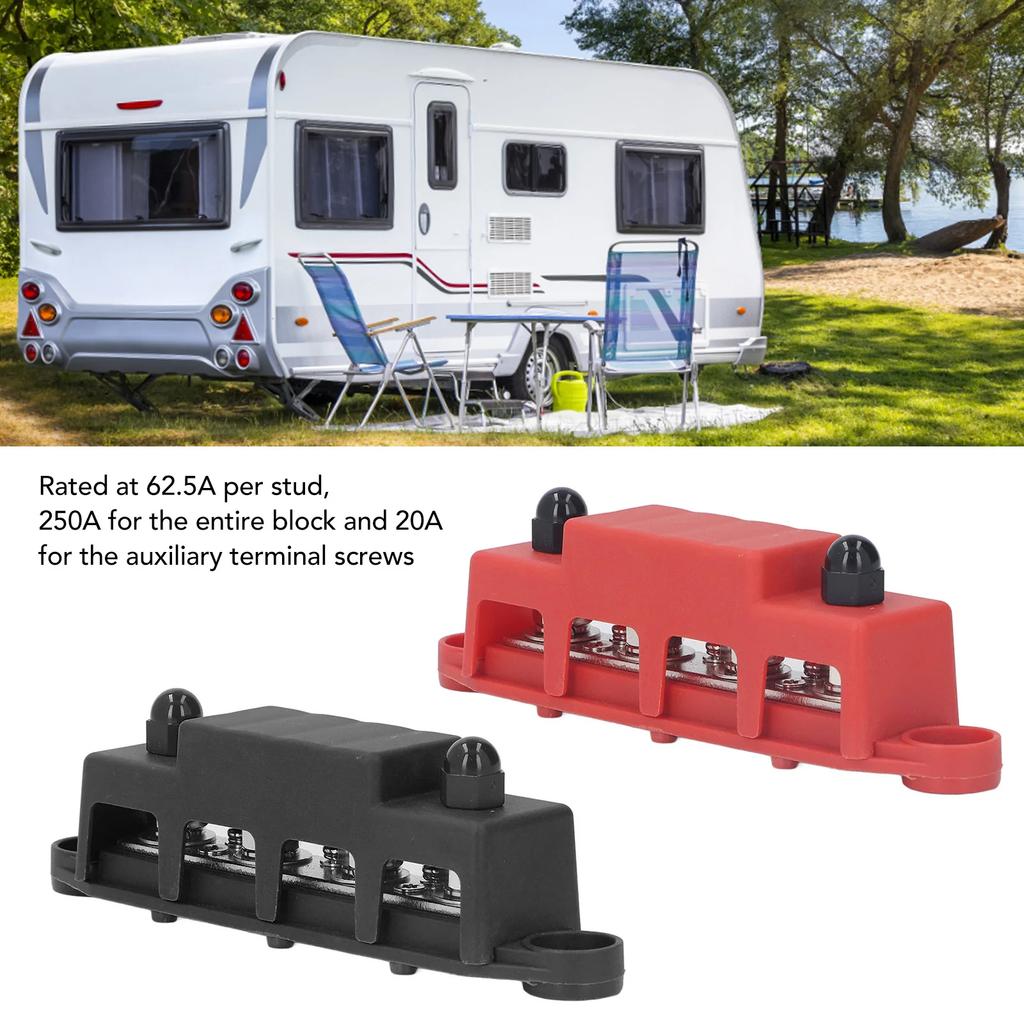 DC 12V-48V 250A Bus Bar Terminal Battery Power Distribution Block With Cover M8 Screw 4 for Automobile Boat RV Truck 2Pcs