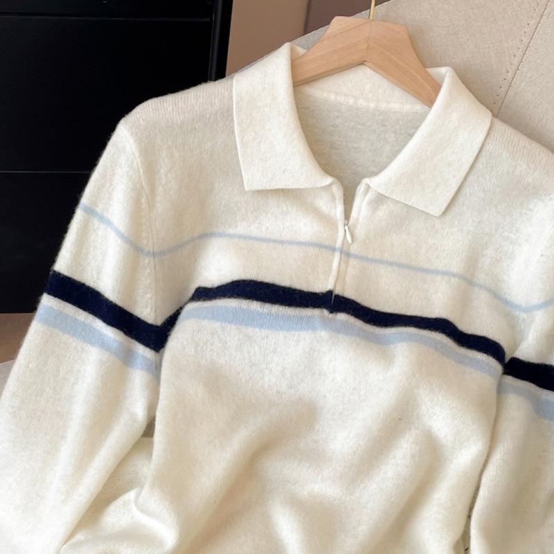 Lapel Knitted Sweater Women's Autumn and Winter New Striped Sweater Half Zipper Top