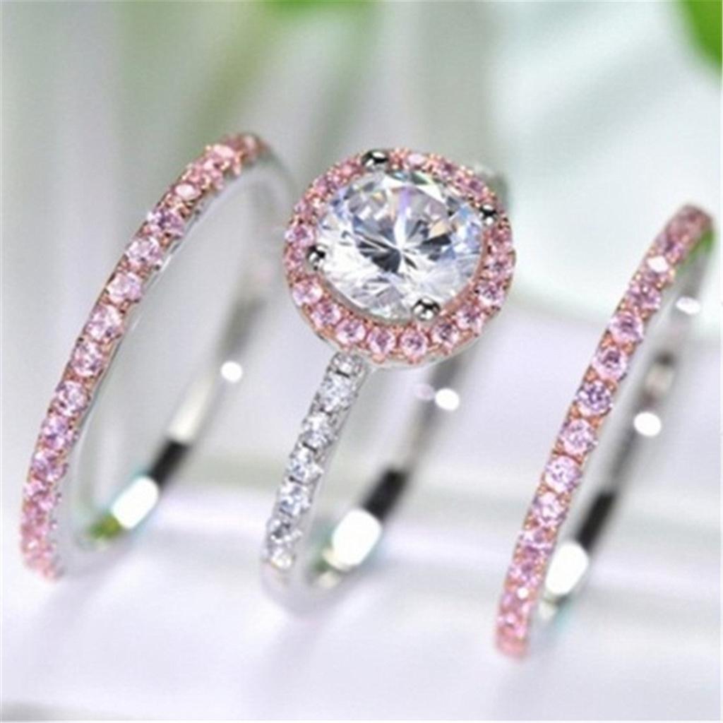 European And American Trend Three -Piece Powder Diamond Ring Female Crystal Vermiculite Hand Ornaments