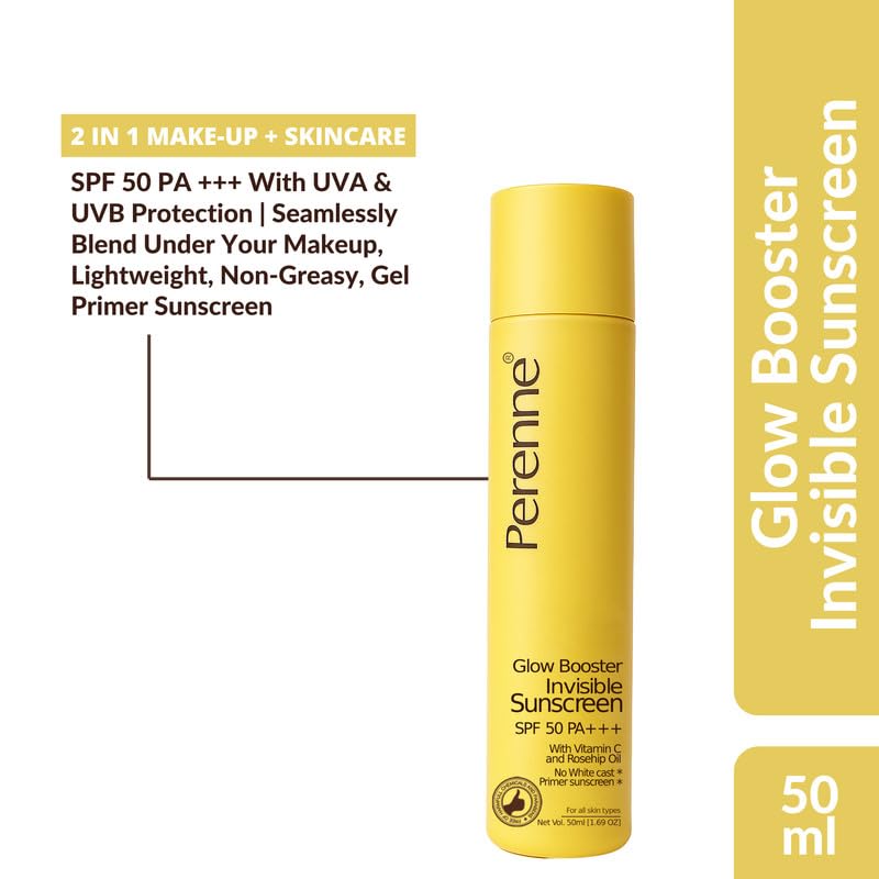 Perenne Glow Booster Invisible Gel Primer Sunscreen SPF 50 PA+++ | Broad Spectrum UVA & UVB Protection | Vitamin C & Rosehip Oil | No White Cast