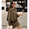 Fall Winter Women's Oversized Suede Batwing Sleeve Zip Up Aviator Jacket Casual Outerwear