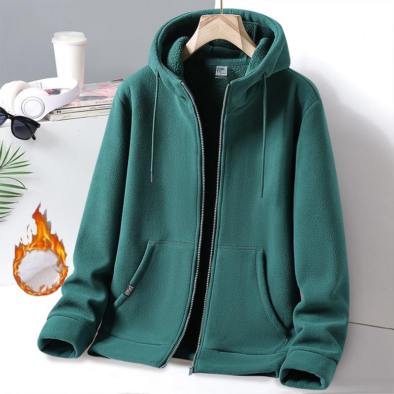 Men's Fleece Coat, Autumn and Winter Thickened Warm Hoodie Solid Color Hooded Casual Coat
