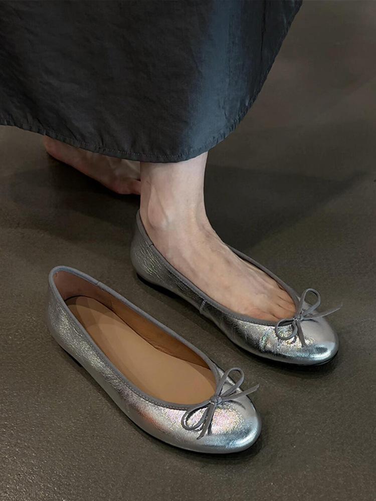 

Cowhide model~ leather round head bow flat-bottomed French retro ballet shoes women s one-pedal commuter single shoes ladyshoes 35