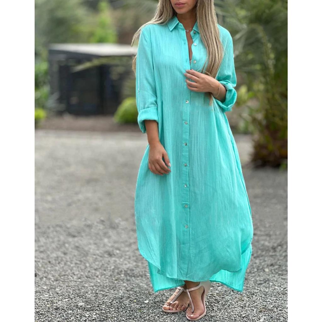 Women's Cotton Linen Long Shirt Dress Casual Fashion Long Sleeve Open Front Midi Dress