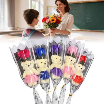 Valentine's Rose Flower Bouquet with Bear Single Soap Flower with Plush Bear Artificial Rose Bouquet Gifts for Weddings