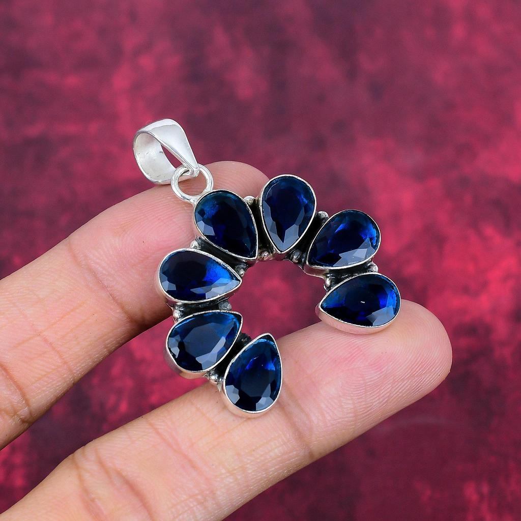 Blue Sapphire Pendant, Handmade Gemstone Pendant, 925 Solid Sterling Silver Pendant Antique Jewelry, For Engagement Gift