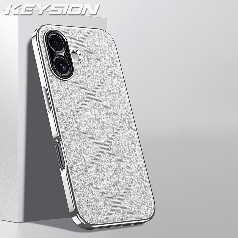 KEYSION Luxury Grid Pattern PU Leather Case for iPhone 17 Pro Max Plating TPU Camera Protection Phone Cover for iPhone 17 Air