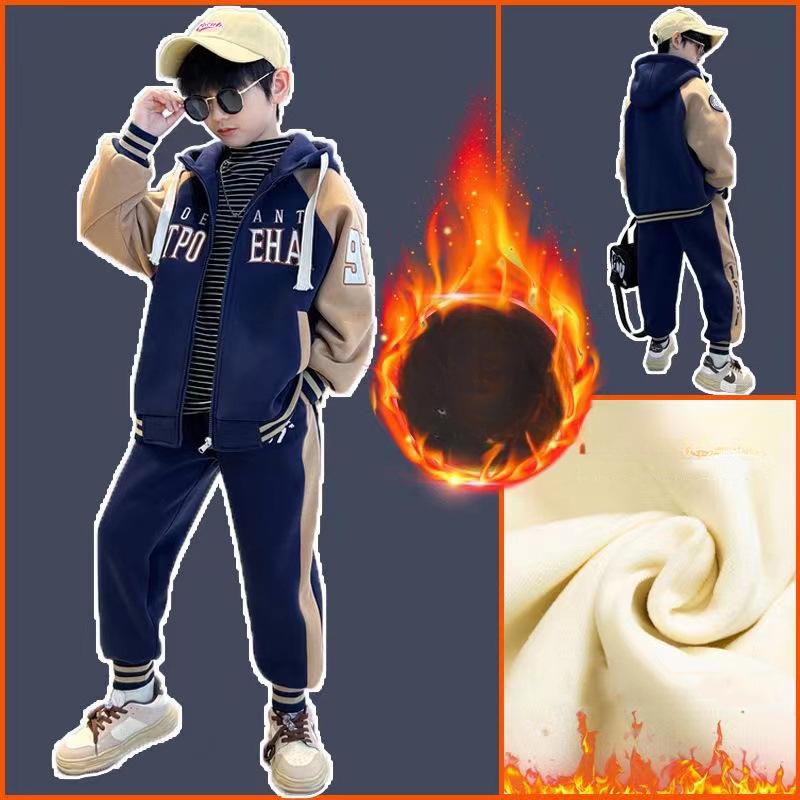 

Детский повседневный костюм в стиле колледжа из утолщенного бархата для осени и зимы для мальчиков, кардиган с капюшоном, спортивные штаны, костюм из двух частей 120 темно-синий