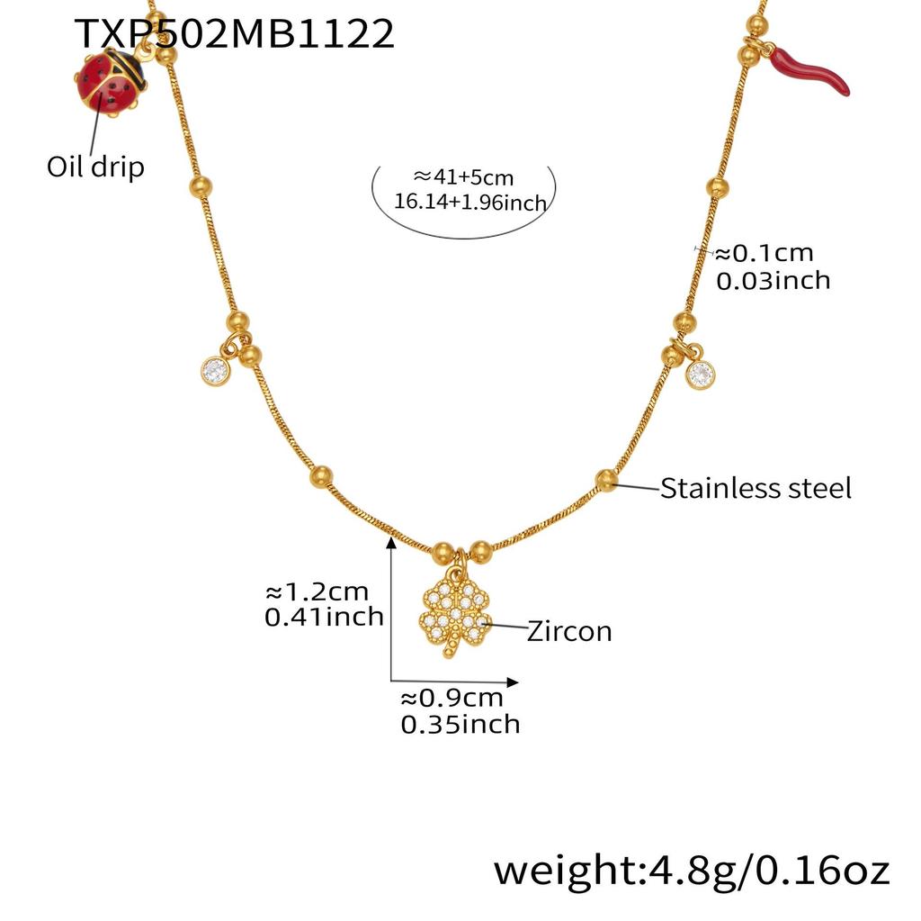 Pulseira com Pingente de Trevo em Aço Inoxidável Banhado a Ouro 18K com Zircônia, Corrente Cobra e Contas