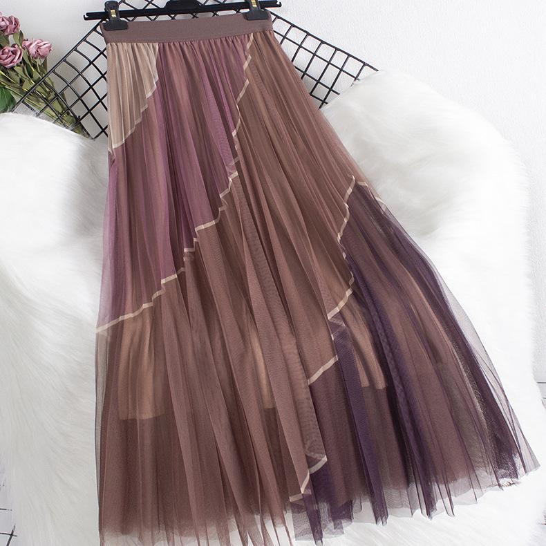 

Модная сетчатая юбка в тон, осень-зима 2025 года, новинка с высокой талией и тонкими складками А-образной формы, юбка средней и длинной длины One Size фуксия