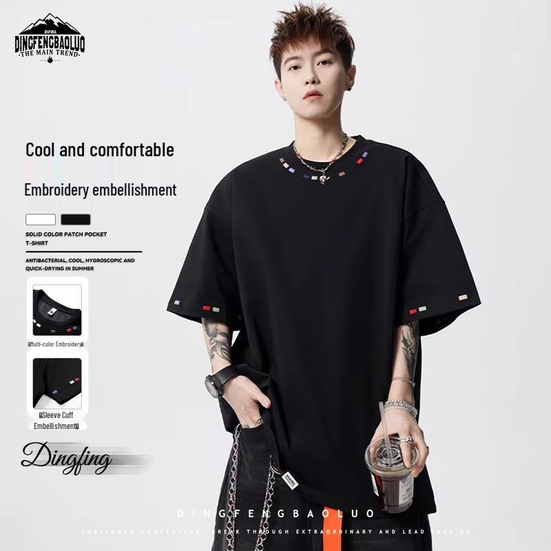 Dingfengbaoluo Men s American Embroidered Short Sleeve T-Shirt DY07 L чёрный