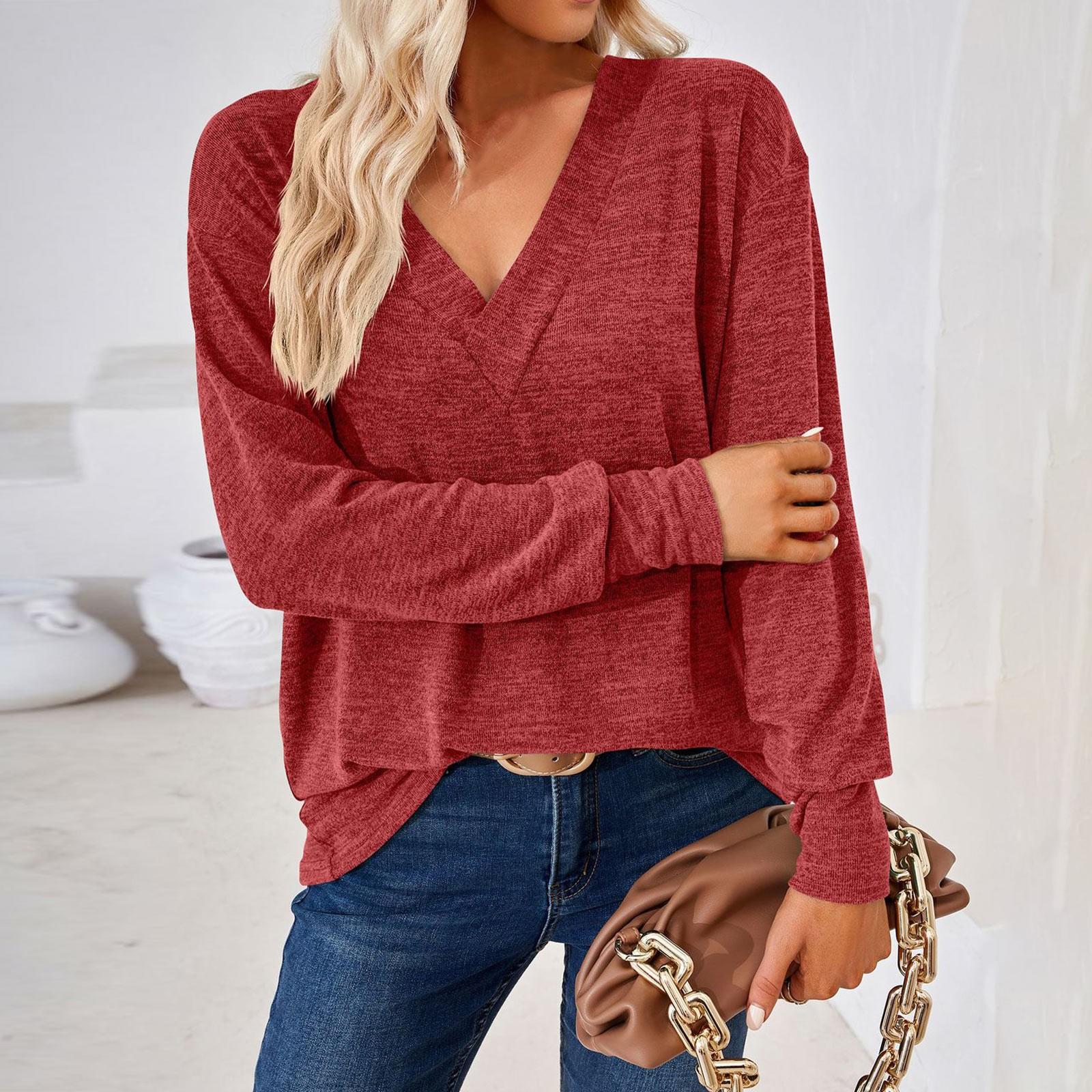 

Осень и зима Новые свободные футболки с V-образным вырезом и длинным рукавом с однотонной строчкой для женщин XL красный