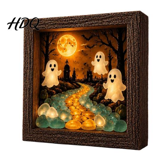 Gothic Shadow Box Night Light DIY Lighted Halloween Ghost Kit Wooden Frame LED Warm Light Crystal Glass Display Case Memory with Panel Decorative