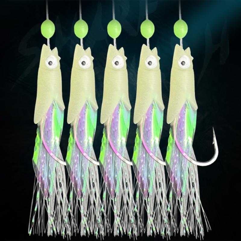 5Pcs Glows Fishhooks Fishing Hook for Salt/Freshwater, Luminous Fishing Rig Fishing Lures Baits Rig Fish Skin Sea Rig